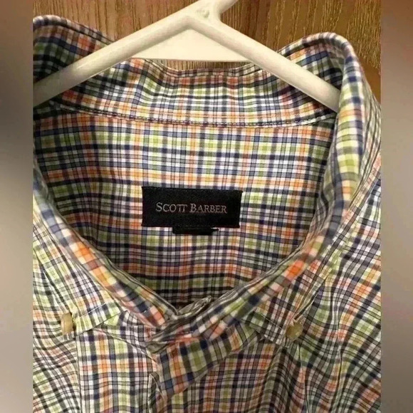 Scott Barber Button Down Shirt Mens Large - Long sleeve. Blue/Green/Orange Plaid - Picture 3 of 9